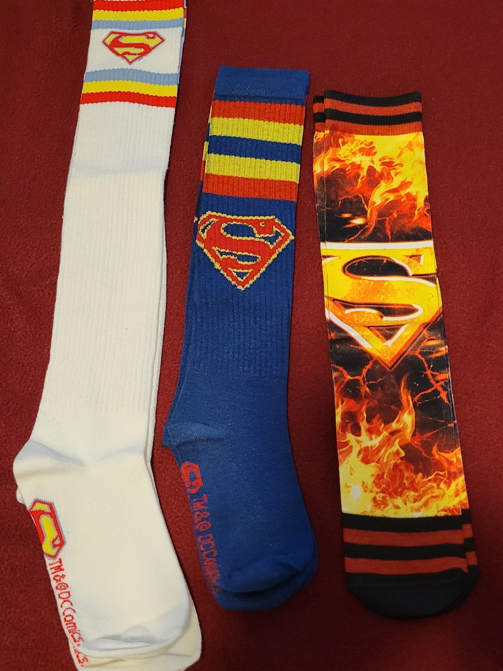 DC Comics Superman Men's Crew Socks - White, Blue & Flame Designs (3-Pack)